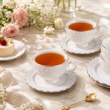 6Pcs Ceramic Tea Cup Set With Saucers, 90ml White Rose Embossed Gold Rim Cups, Microwave & Dishwasher Gift Box For Christmas Party Thanksgiving Halloween Wedding Home Gift - White - View 12
