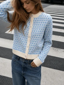 New Autumn/Winter Women's Vintage Floral Pattern Round Neck Cardigan Sweater Jacket - Baby Blue - View 1
