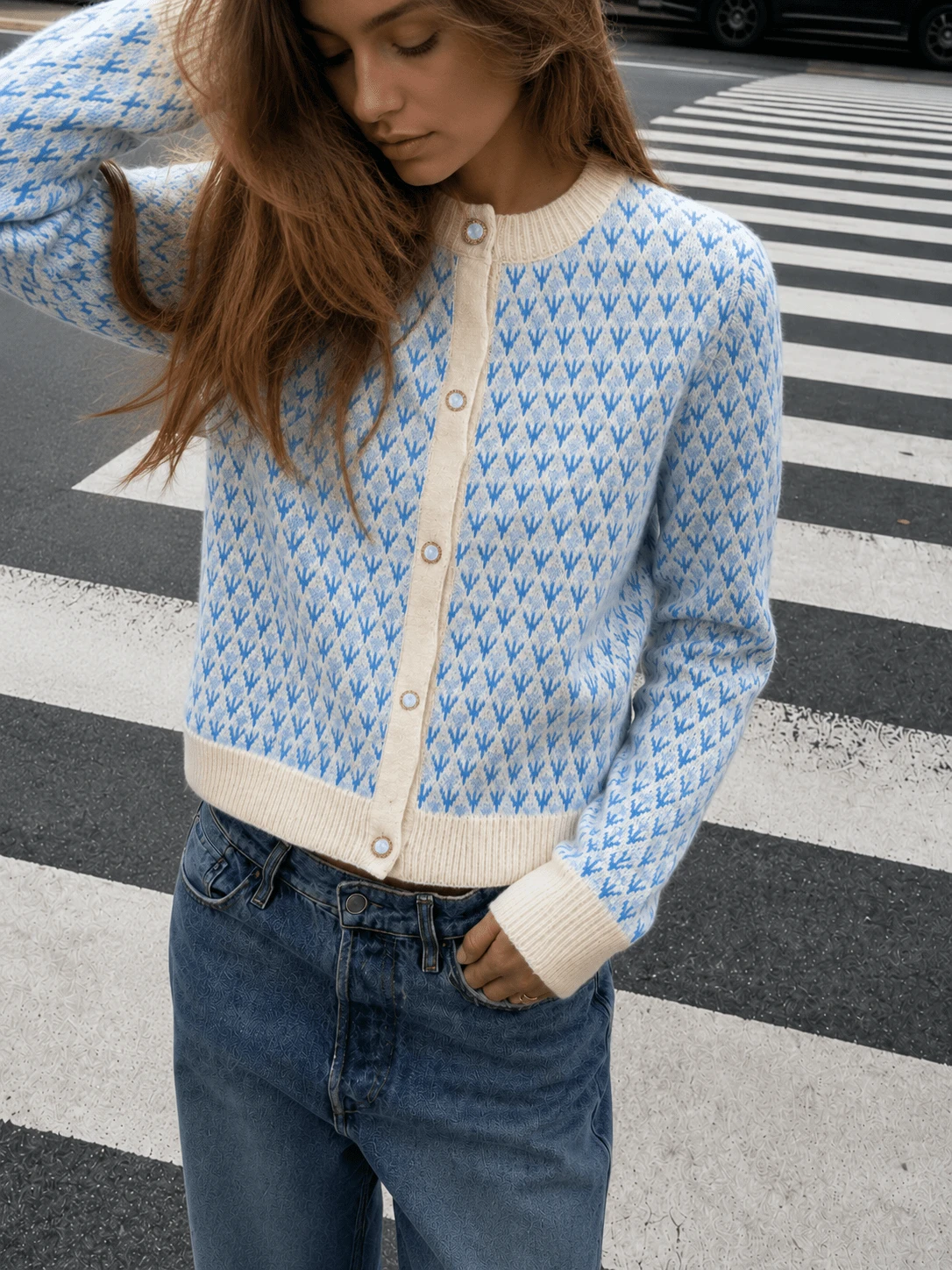 New Autumn/Winter Women's Vintage Floral Pattern Round Neck Cardigan Sweater Jacket - Baby Blue - View 1