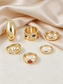 6pcs Exquisite Gold-Tone Women's Ring Set, Star & Moon Faux Gemstone Chunky Rings, Suitable For Women's Daily Wear, Dating, Party, Layering & Matching - Yellow Gold - View 3