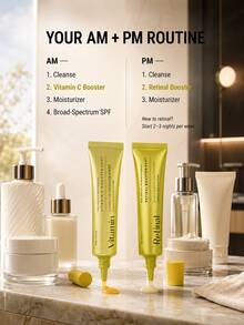 Conjunto de Soro com Vitamina C & Retinal Aprimorado, Vitamina C Pura + Retinal, Iluminador & Cuidados com Manchas, Refinamento de Poros, Suavização de Textura & Linhas Finas, Conjunto de Soro Facial para Cuidados com a Pele, Pele de Vidro Coreana, Cuidados Diurnos & Noturnos - Duo de Sérum Booster - Visão 9