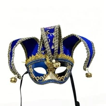 1pc Red & Black Clown Venetian Mask With 3-Pointed Hat & Bells, Luxury Gold Embroidered Half Face Mask, Vintage Carnival Costume Mask For Carnival, Halloween, Party Role Play - Three-pointed Hat - View 7