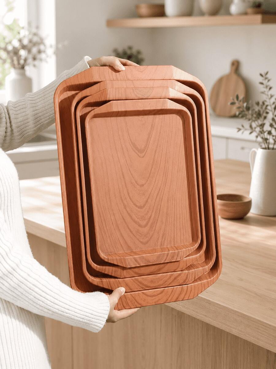 Wood Grain Rectangular Tableware Tray Set, Stackable Nesting Trays With Raised Edges, Lightweight Decorative Storage Trays, Suitable For Breakfast, Coffee, Tea, Snacks, Paper Cup Desserts, Dinner, Kitchen, Dining Table, Living Room And Home Entertainment Occasions - Multicolor - View 1