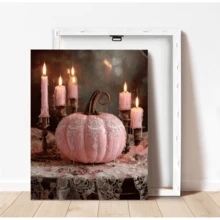 1pc Canvas Wall Art Print With Frame, Sweet & Cool Girl Style Pink Lace Pumpkin And Glowing Pink Candle Vintage Still Life Oil Painting, Soft Atmosphere Autumn Halloween Aesthetic Wall Poster For Modern Home Decor And Room Decoration - Pink Pumpkin - View 4
