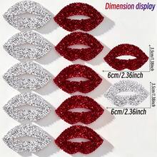 6pcs Hot Melt Glue Shiny Rhinestone Lip Stickers - Red & White Heat Transfer Glossy Lip DIY Decals, Suitable For Clothing, Hats, Jackets, Bags, Blankets - Charming Lip-Shaped Rhinestone Stickers For Parties, Costumes And Unique Gifts - A - View 9