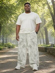 男士大尺碼休閒時尚日常通勤灌木枝條印花抽繩腰長褲，寬鬆透氣，適合大尺碼身形戶外旅行 - 0.霧綠 - 查看 7