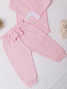 Conjunto Bebê Menina Body e Mijão 2 Peças 100% Algodão Gola Bordado Inglês com Pérola 3 a 6 Meses Roas - Rosa chiclete - Visão 5