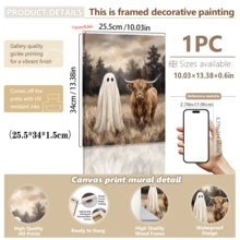 1pc Framed Canvas Wall Art, Vintage Country Style Highland Cow And Cute Ghost Wilderness Oil Painting Canvas Wall Decor, Low Saturation Atmospheric Autumn Forest Farmhouse Poster, Hot-Selling Home Decor Wall Hanging, Suitable For Modern Home Decoration - Ghost - View 12