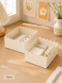 1pc & 2pcs Packs Hot Stackable Wave Edge Desktop Storage Box, Plastic Cosmetic & Stationery Organizer Bin, Household Sundry Container, Office Supplies, Back To School Must-Have - Multiple Styles - View 15