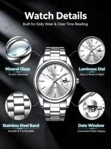 CHRONOS Men's Sporty Casual Watch Stainless Steel Band, Date Display, Water Resistant, Luminous Hands Perfect Festival Gift For Men - Green - View 8
