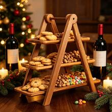 1pc Solid Wood 3-Tier Folding Dessert Stand, Wooden Rectangular Tray Cake Display Stand, Afternoon Tea Wedding Birthday Party Dessert Platter Decoration - Khaki - View 5