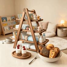 1pc Solid Wood 3-Tier Folding Dessert Stand, Wooden Rectangular Tray Cake Display Stand, Afternoon Tea Wedding Birthday Party Dessert Platter Decoration - Khaki - View 9
