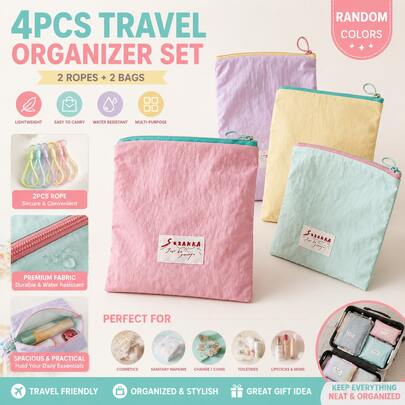 4pcs Set (2 Drawstring Bags + 2 Pouches) Random Color Storage Bags, Makeup Bag, Portable Thin Lipstick Storage Bag, Sanitary Napkin Storage Bag, Travel Bag, Coin Purse, Toiletry Bag