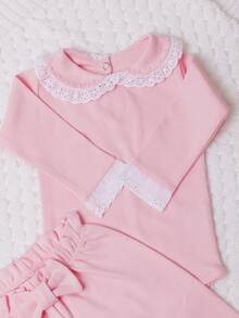 Conjunto Bebê Menina Body e Mijão 2 Peças 100% Algodão Gola Bordado Inglês com Pérola 3 a 6 Meses Roas - Rosa chiclete - Visão 2