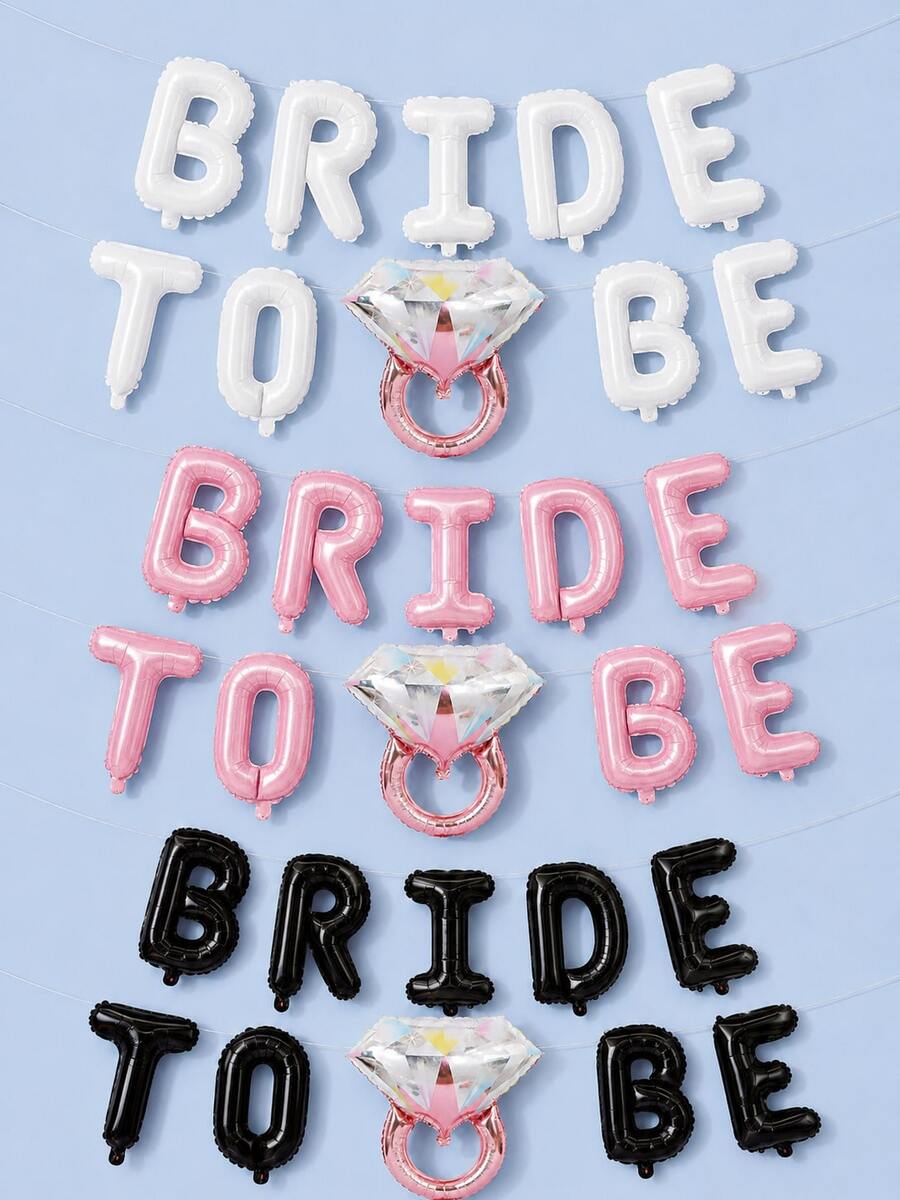 1Set Wedding Balloons, Bride-To-Be Party Letter Balloon Banner With Diamond Ring Foil Balloon, Suitable For Wedding, Engagement, Wedding Photo Booth, Bachelorette Party Decor - Pink Diamond Ring Style - View 1