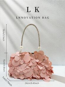 1pc Elegant Faux Shell Sequin Women's Handbag, Luxury Pearl Crystal Handle Clutch Bag, Suitable For Dinner, Wedding, Banquet And More - Pink - View 4