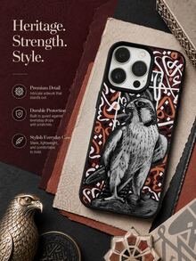 1件 中東風手機殼，適用於 iPhone 17 16 15 14 13 12 11 Pro Max，酒紅色背景抽象阿拉伯書法圖案，黑白素描獵鷹鳥，磨砂黑粒紋皮革，黑色邊框防震手機殼 - 黑色 - 查看 4