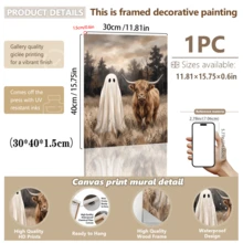 1pc Framed Canvas Wall Art, Vintage Country Style Highland Cow And Cute Ghost Wilderness Oil Painting Canvas Wall Decor, Low Saturation Atmospheric Autumn Forest Farmhouse Poster, Hot-Selling Home Decor Wall Hanging, Suitable For Modern Home Decoration - Ghost - View 16