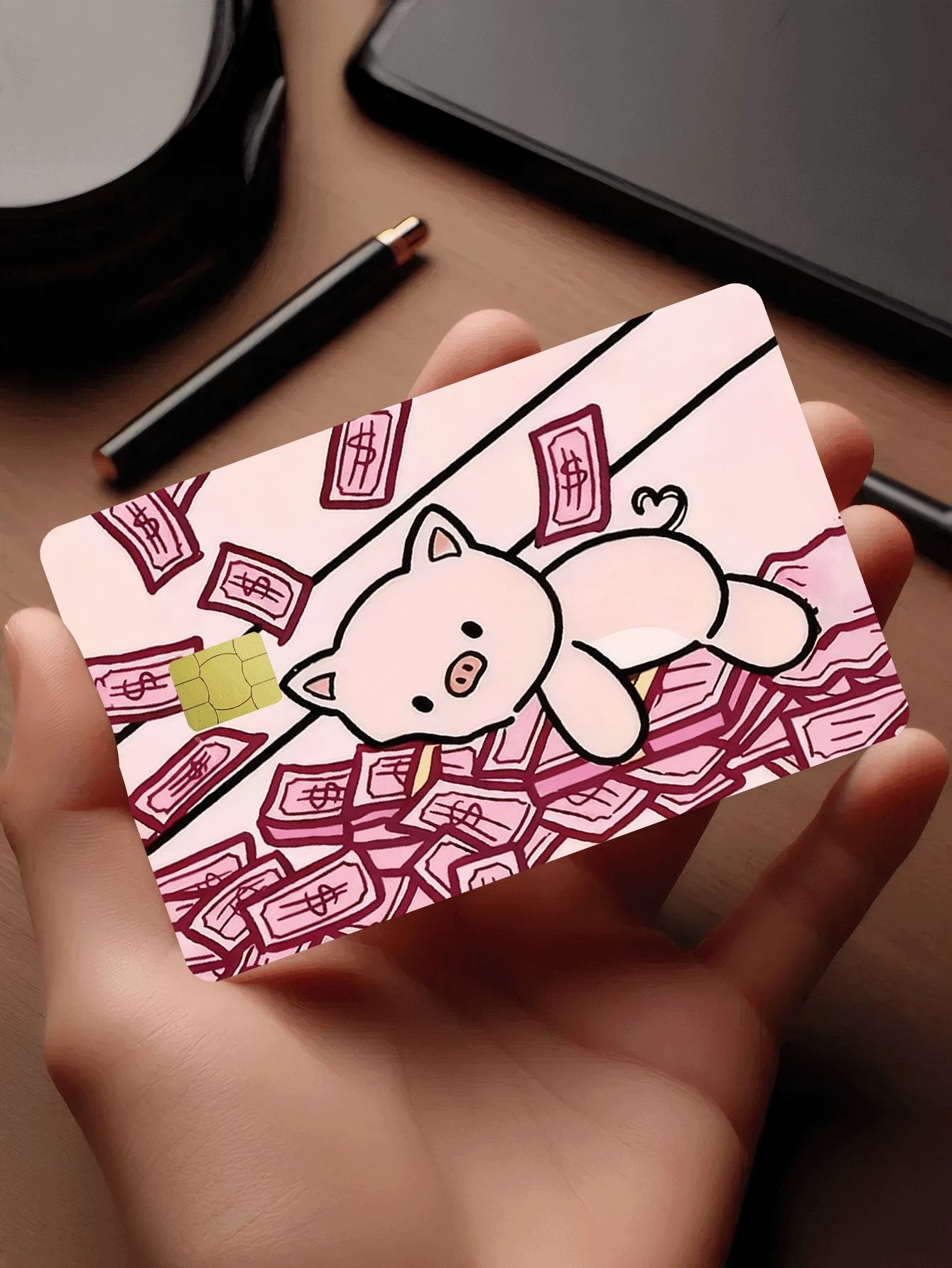 1pc Official Pig Banknote Credit Card Sticker Privacy Protection Card Skin, Wealth & Fortune Holiday Gift PVC Material Anti-Fingerprint Anti-Scratch Wear-Resistant Card Sleeve, Suitable For Men, Women, Couples, Small Chip Card, Bank Card Decoration Sticker, Credit Card, Transportation Card, Student Campus Card Personalized DIY - Multicolor - View 1