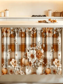 1pc Thanksgiving Floral Pumpkin Plaid Kitchen Curtain, Curtain, Table Skirt Easy To Clean, Rod Design Easy To Install, Suitable For Bathroom Kitchen Cabinet, High Quality Printing, Durable And Beautiful - Multicolor - View 1