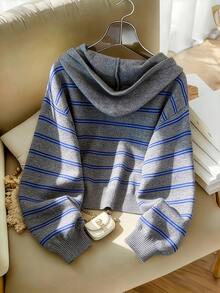 Women's Autumn/Winter Colorful Striped Round Neck Knitted Sweater, Slightly Sheer Texture With Matte Velvet Feel Vacation - Grey - View 3