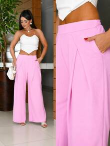 Calça Pantalona Feminina  Poliéster    Bolso    Duna  viagem    Primavera/Verão - Rosa chiclete - Visão 5