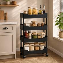 3-Tier/4-Tier Rolling Storage Cart With Wheels, Slim Multi-Purpose Utility Organizer, Open Shelf Mobile Trolley For Kitchen, Bathroom, Laundry Room, Bedroom & Office, Black Or White - Black - View 2