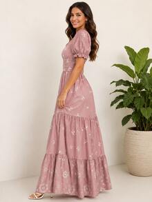 Elegant Long Women's Dress With Short Sleeves And Print - 淺粉色 - 查看 3