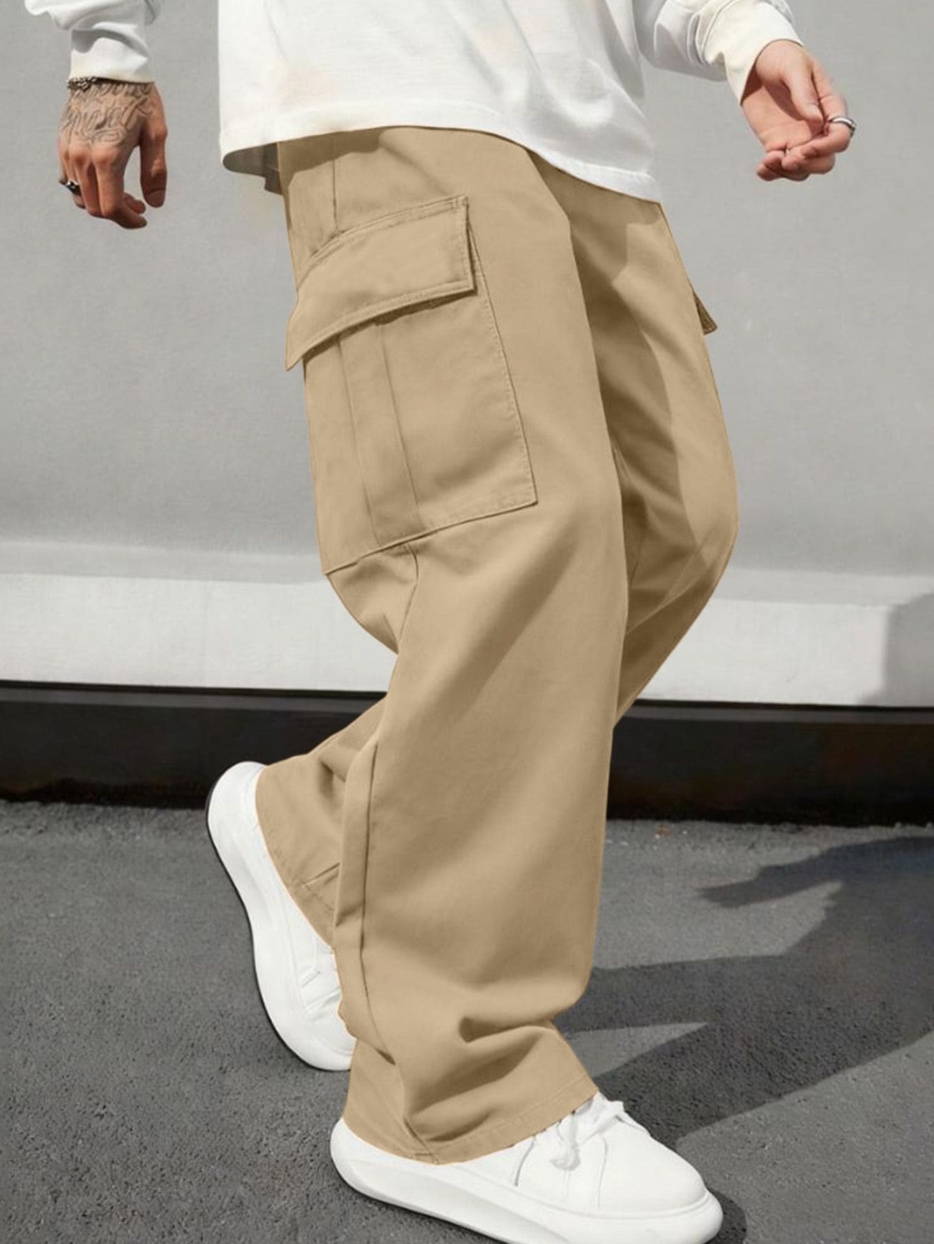 Spring/Summer Solid Color Multi-Pocket Straight Leg Cargo Pants, Men's Outdoor Commute Casual Sports Long Pants - Khaki - View 1