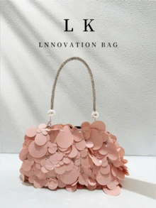 1pc Elegant Faux Shell Sequin Women's Handbag, Luxury Pearl Crystal Handle Clutch Bag, Suitable For Dinner, Wedding, Banquet And More - Pink - View 1