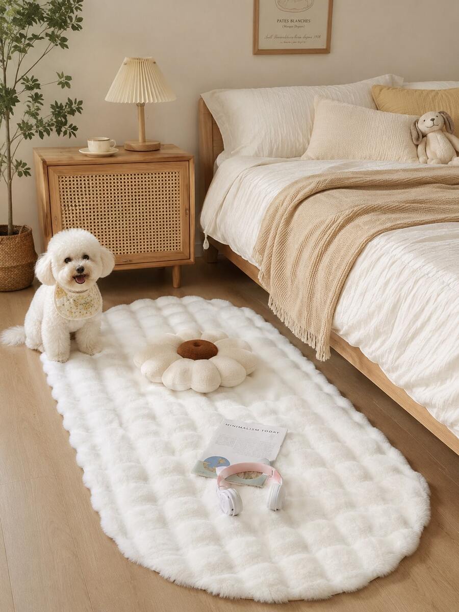 1pc White Oval 3D Plaid Faux Rabbit Fur Bubble Fleece Decorative Rug, Fluffy Soft Touch, Gentle Color, Cozy Healing, Cat-Like Feel, Fuzzy, Soft Long Pile, Non-Slip Bottom, Low Shedding, Easy Care And Cleaning, Thick Durable Rug, Suitable For Living Room, Bedroom, Study, Entryway, Dining Room, Laundry Room And Other Decor, Skin-Friendly Soft Material, Personalized Home, Fashion Home, Bedroom Rug, Kitchen Rug, Study Rug, Living Room Rug, Bathroom Rug, All Season - White - View 1