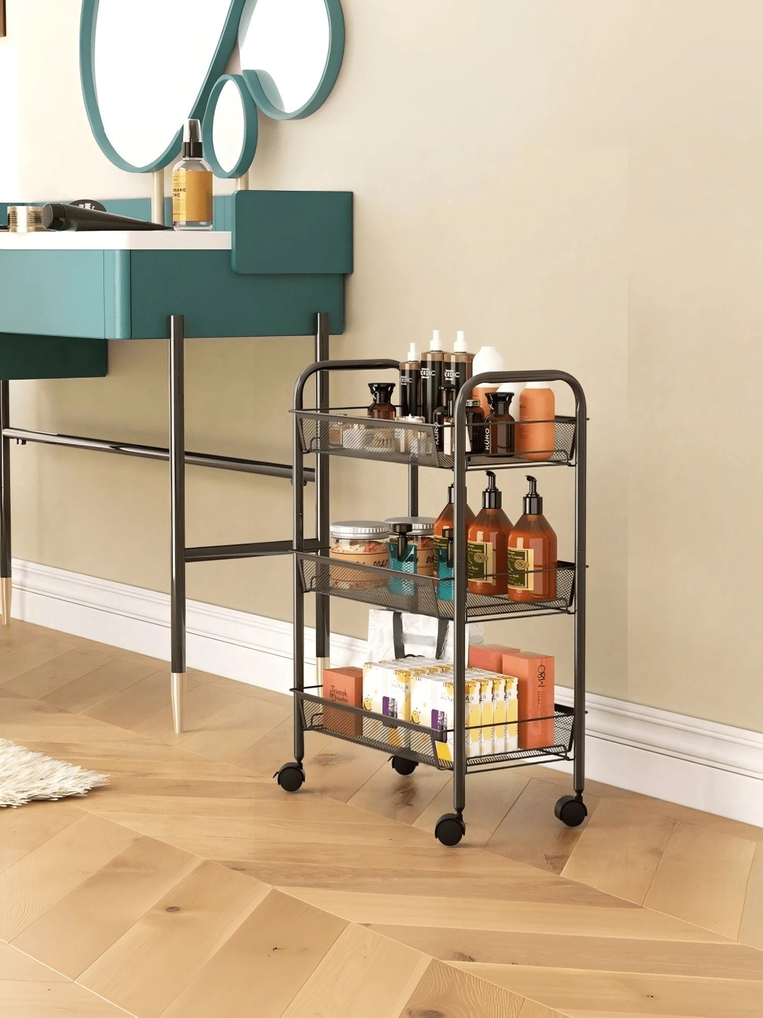 Mobile Storage Trolley, Available In 3-Tier / 4-Tier Designs With Black And White Color Options, Equipped With Universal Casters, Hollow Drainage Structure, Divided Storage Compartments, Suitable For Kitchens, Bathrooms And Studies - Multiple Specifications - View 1