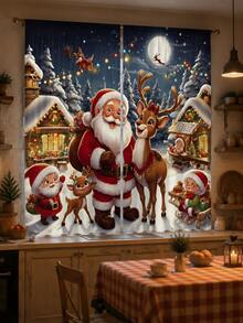 2pcs Santa Claus & Reindeer Print Decorative Curtains, No-Drill Rod Pocket Design, Easy Installation & Removable, Polyester Material, Suitable For Living Room, Bedroom, Holiday Party Decoration, Christmas Home Decor - Multicolor - View 8