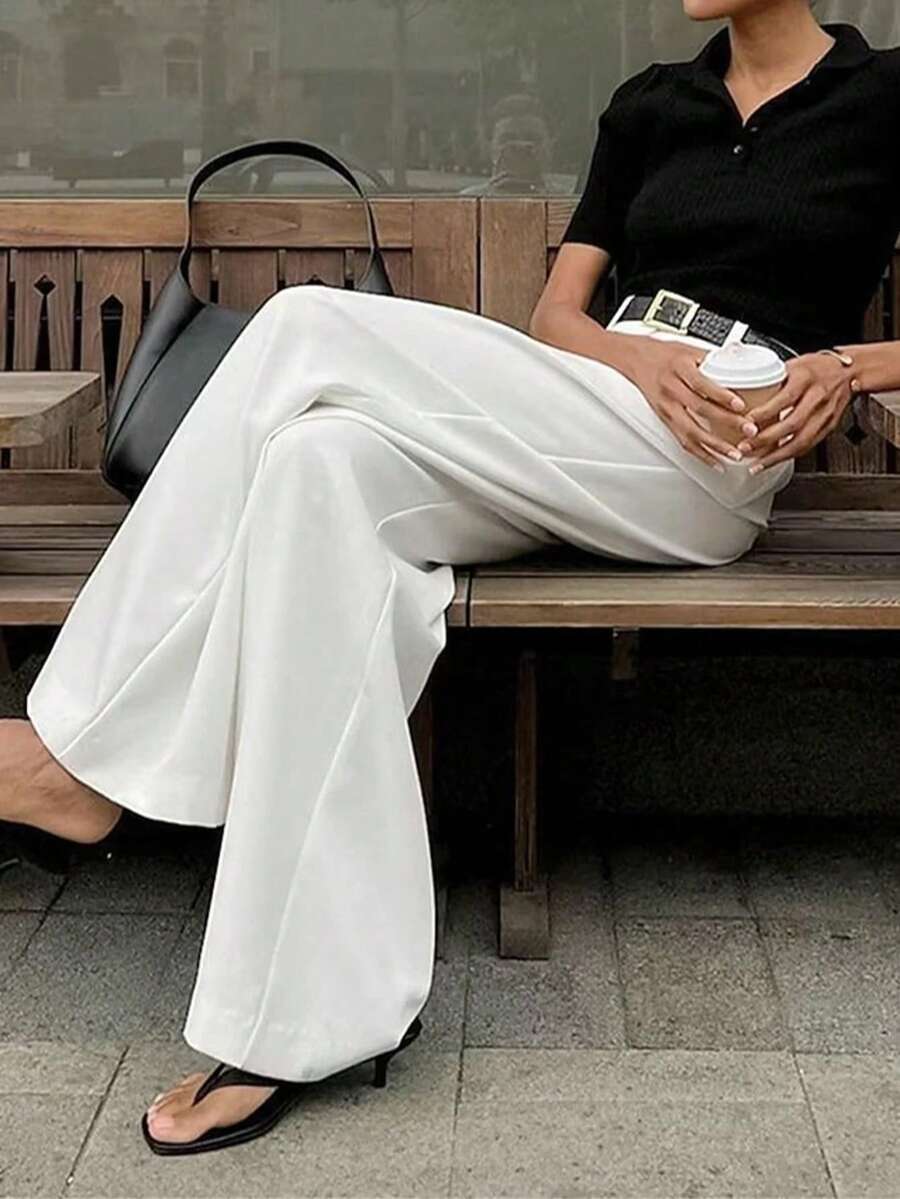 女款下身長褲,極簡高腰前褶皺飄逸寬腿褲,優雅米色無口袋正式辦公長褲 - 白色 - 查看 1
