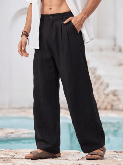 Mercer Haus Men's Solid Color Thin Breathable Linen Casual Long Pants, Straight Leg Beach Vacation Pants, Simple Versatile Comfortable