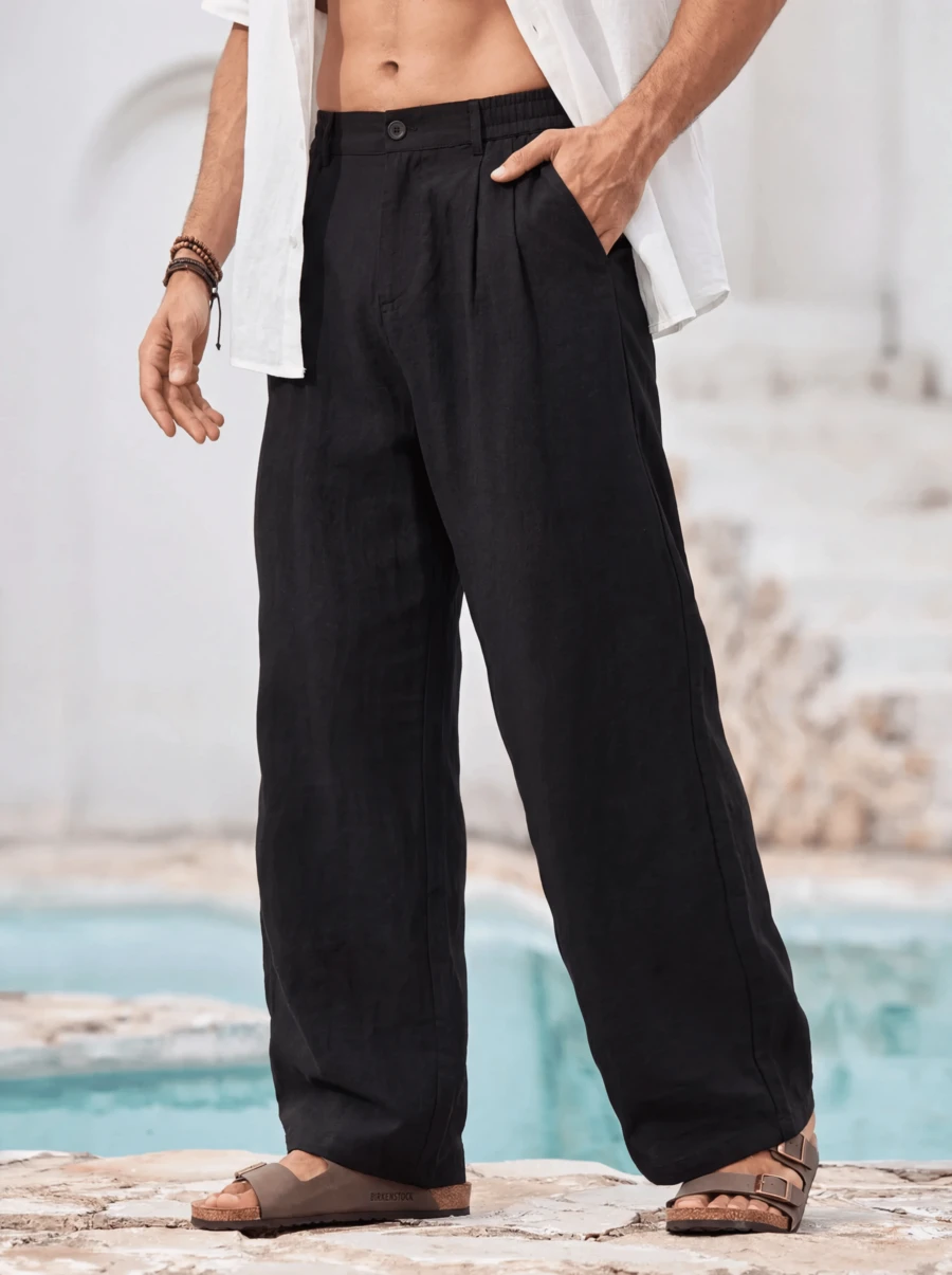 Mercer Haus Men's Solid Color Thin Breathable Linen Casual Long Pants, Straight Leg Beach Vacation Pants, Simple Versatile Comfortable - Black - View 1