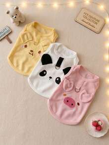 可愛 3D 卡通寵物背心附 D 型環，華夫格透氣無袖上衣，適合小型犬貓，豬、熊貓、熊圖案夏季衣物 - 黃色 - 查看 6
