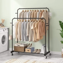 Metal Double Rod Garment Rack With Wheels, Freestanding Rolling Clothes Drying Rack For Bedroom & Laundry Room - View 7
