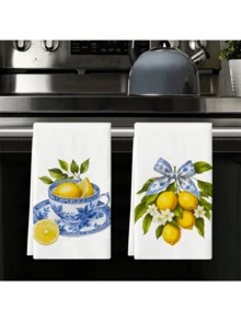 2pcs Lemon Tree Potted Plant Print Kitchen Dish Cloths, Fresh Yellow Fruit Decor Dish Towels, Absorbent Washable Tea Towels, Summer Kitchen Table Decoration - Multicolor - View 11
