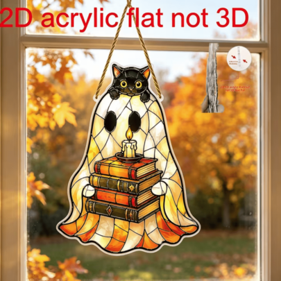 2D Flat, 1pc, Vintage Black Cat Candle Old Book Ghost Hanging Ornament Acrylic Halloween Suncatcher Autumn Porch Window Hanging Decor Window/Patio/Porch Decoration Book Stack Candle Design Translucent Warm Holiday Decor