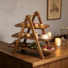 1pc Solid Wood 3-Tier Folding Dessert Stand, Wooden Rectangular Tray Cake Display Stand, Afternoon Tea Wedding Birthday Party Dessert Platter Decoration - Khaki - View 8