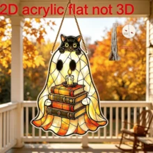 2D Plano, 1 Peça, Ornamento Pendurado de Gato Preto Vintage, Livro Antigo, Fantasma, Acrílico, Suncatcher de Halloween, Decoração de Outono para Varanda, Janela, Pátio, Design de Pilha de Livros e Vela, Transparente, Decoração Quente de Feriado - Multicolorido - Visão 2