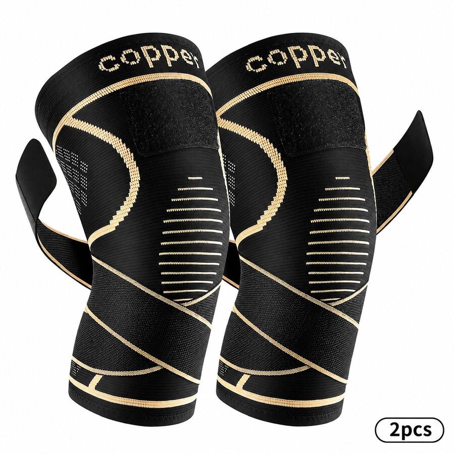 2PCS Men's Copper Infused Knee Support Brace, Adjustable Compression Knee Sleeve, Breathable Non-Slip Stabilizer For Running, Gym, Sports & Daily Wear - Black - View 1
