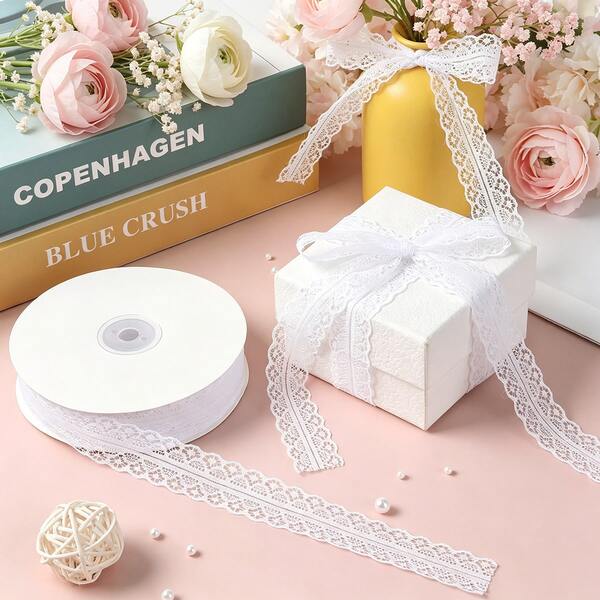 5 Yards Pure White Lace Ribbon, Delicate Hollow Lace, Soft And Elegant Texture. Suitable For DIY Headbands, Hair Accessories, High-Quality Clothing Trims, Dress Hem Edging, Collar Modification, Fabric Bag Decoration, Widely Used For Wedding Floral, Gift Box Packaging, Various Handmade Crafts