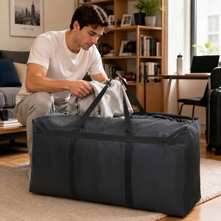 A Heavy-Duty Moving Bag With Double Zippers And Reinforced Handles, A Foldable Travel Organizer Bag Suitable For Clothing, Bedding, Bedding, Dormitory Occupancy, Apartment Moving, Travel, Wardrobe And Bed Bottom Storage - Black - View 1