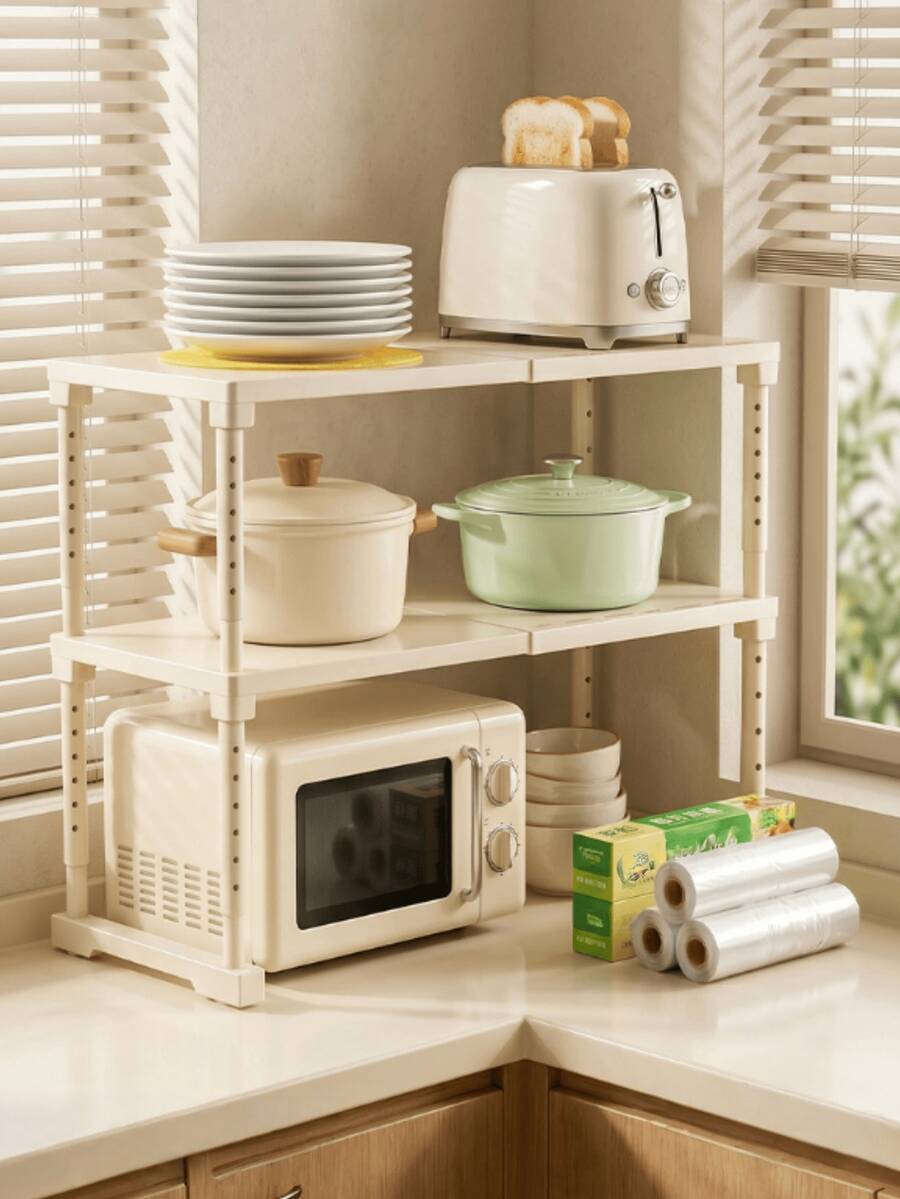 1/2pcs Extendable Cabinet Storage Rack, Adjustable Length 40-63 Cm, Height 20-30 Cm, White Multi-Layer Space-Saving Divider For Dishes, Toaster, Coffee Machine, Easy To Install, Countertop Storage Divider - View 1