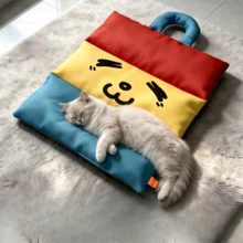 1Pc Red Yellow Blue Color Block Cartoon Face Pet Bed Mat With Carry Handle, Thick Soft Waterproof Foldable Washable Sleeping Cushion, Portable Rest Pad For Small Medium Dogs Cats Indoor Car Travel Home Sofa Use - Blue - View 10