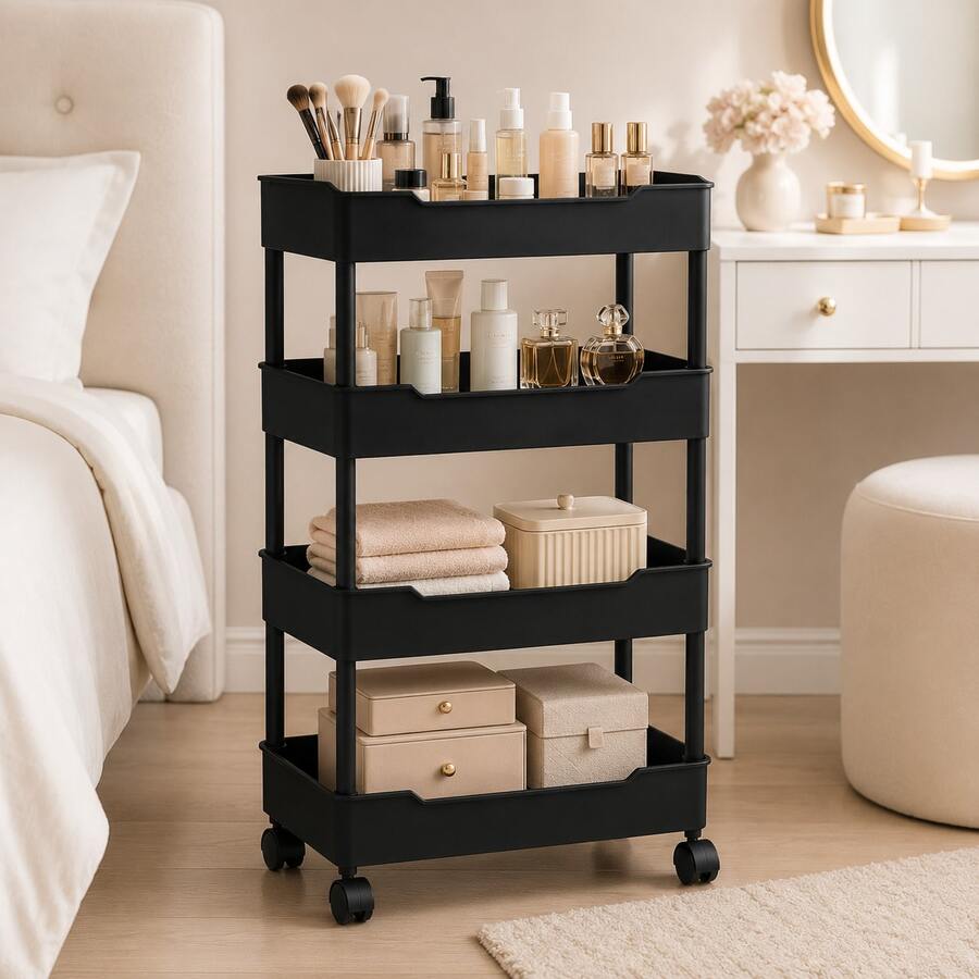 3-Tier/4-Tier Rolling Storage Cart With Wheels, Slim Multi-Purpose Utility Organizer, Open Shelf Mobile Trolley For Kitchen, Bathroom, Laundry Room, Bedroom & Office, Black Or White - Black - View 1