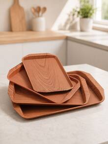 Wood Grain Rectangular Tableware Tray Set, Stackable Nesting Trays With Raised Edges, Lightweight Decorative Storage Trays, Suitable For Breakfast, Coffee, Tea, Snacks, Paper Cup Desserts, Dinner, Kitchen, Dining Table, Living Room And Home Entertainment Occasions - Multicolor - View 2