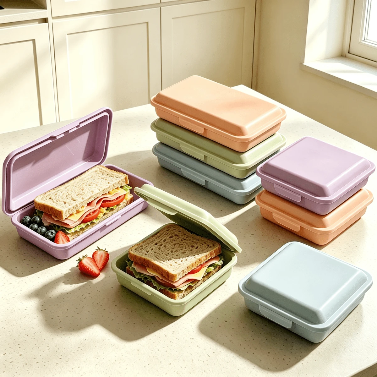 Macaron 4-Color Sandwich Bento Box, Flip Lid Snap Design, PP Material, Microwave & Dishwasher , Reusable Food Storage Container For Home, Kitchen Meal Prep, Picnic, School And Work - Multicolor - View 1
